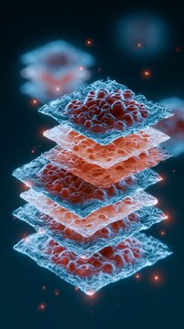 Isometric closeup 3D render showing taste buds affected by glossitis with layered anatomy parts gently floating and rim lit in cool blue and red hues emphasizing inflammation in