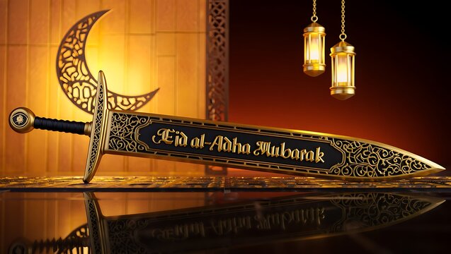 Decorative scimitar sword with arabic inscription and crescent moon