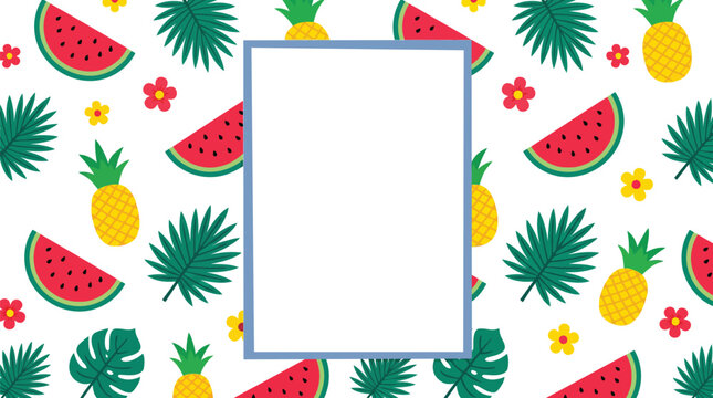 Tropical fruit and leaf pattern with a white rectangular frame