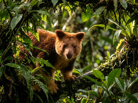 A young, reddish-brown cuscus perches on a mossy branch in the rainforest.