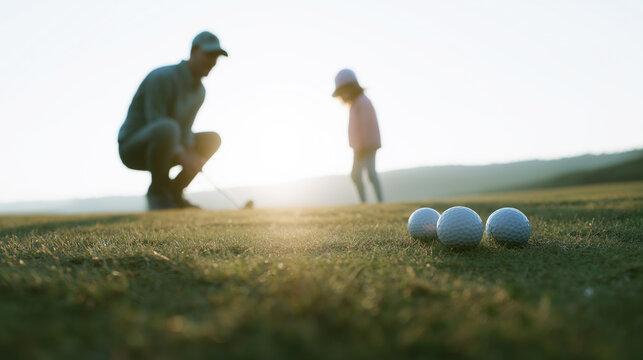 Golf coach guiding kid, teaching putting in a positive environment. Golf balls on green with sun flare