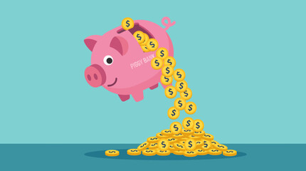 Cartoon piggy bank pouring out coins. © Abhinaya Project