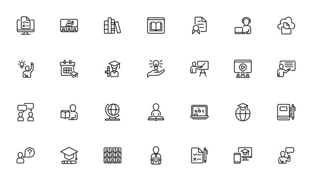 Online Class icon set. Education vector icons pack. Minimal line icons. Featuring online test, ebook, certificate, video tutorial, classroom, graduation and more. Editable vector stroke.