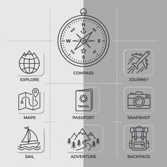 Fototapeta premium Minimalist Travel Adventure Line Art Icons Set. Modern Exploration Journey Outline Vector Illustration.