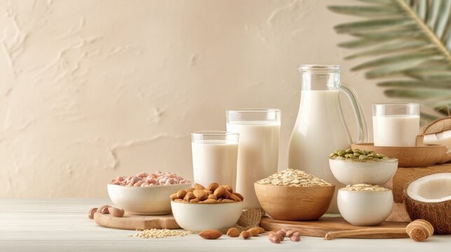 Assorted plant based milks with coconut, oats, nuts and seeds for healthy breakfast and packaging background for product design and marketing layouts