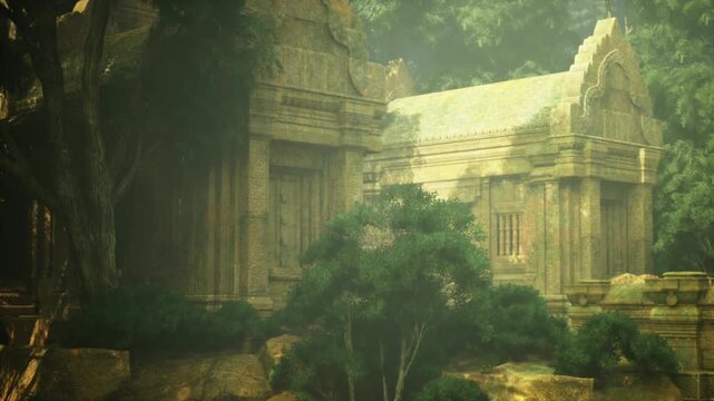 Explorer approaching overgrown temple entrance at golden hour, worn steps swallowed by roots and leaf litter, dense canopy overhead and drifting dust motes,