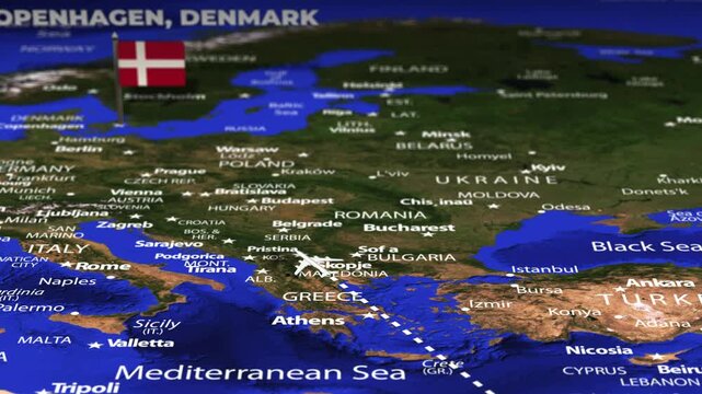 Flight From Asmara ERITREA to Copenhagen DENMARK with flag pins