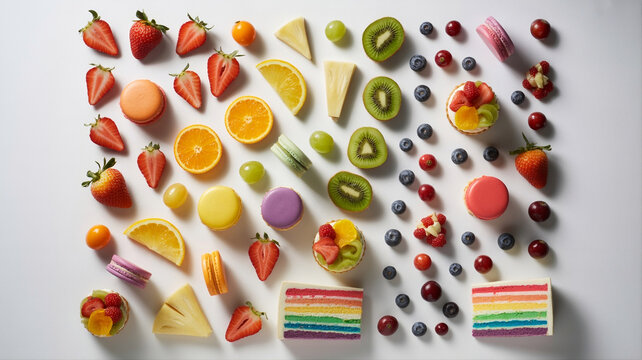 AI-generated rainbow fruit and vegetable flat lay with cake slices, colorful Pride celebration food concept for healthy party design
