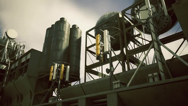 Industrial rooftop with satellite arrays and steel radomes under warm sunlight, cylindrical towers rising behind, maintenance catwalks and piping details,
