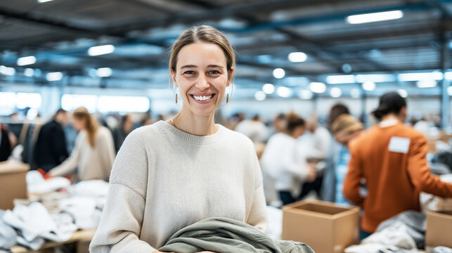 Smiling young woman holding donated clothes, collaborating with volunteers sorting garments in a charity distribution center