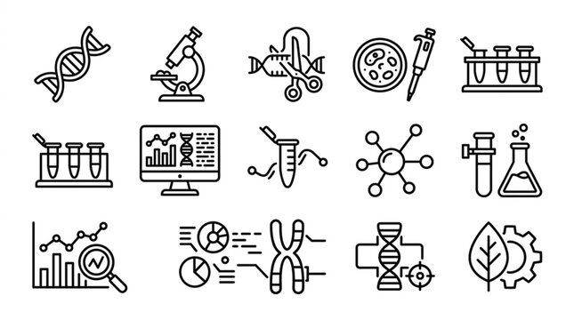 Collection of science and research icons in black and white.