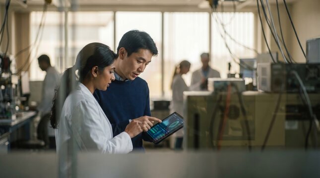 Scientists in modern laboratory interior examine tablet together