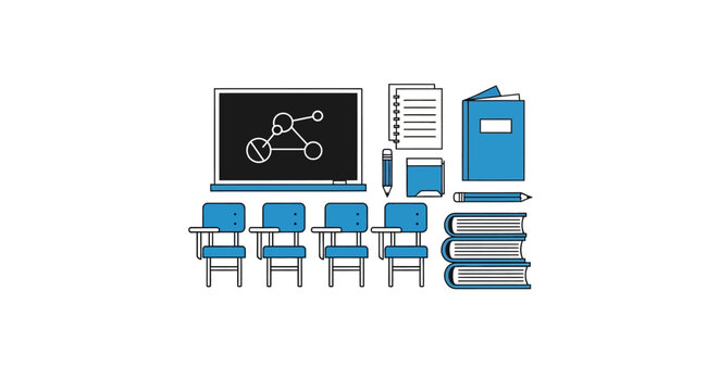 Depiction of a science classroom setting with essential educational elements and objects