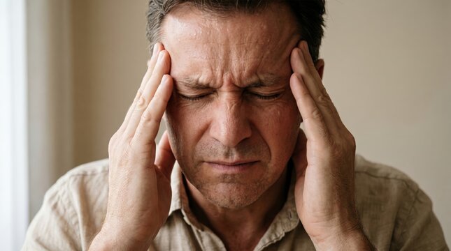 Close-up photorealistic portrait of a man experiencing severe headache, with eyes closed and hands on temples