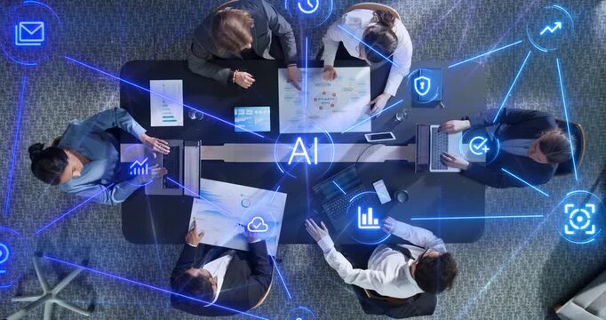 Top Down View of Corporate Team Working Around Conference Table With Laptops and Documents as Linked Visualization Layer Appears, Glowing Ai Icons Represent Cloud Storage, Cybersecurity and Analytics.