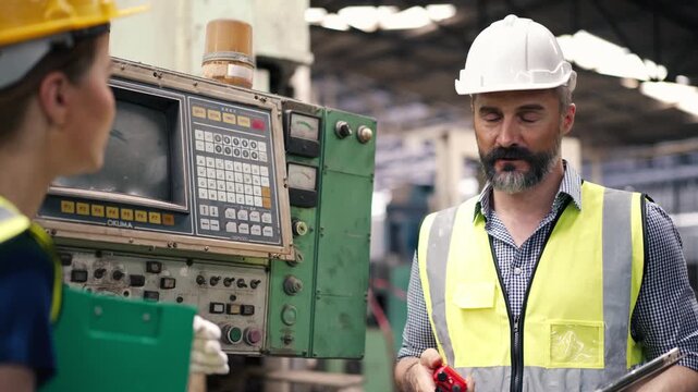 Senior male engineer holding radio transmitter talk with colleague near CNC machine. Professional supervisor instruct team inside manufacturing factory