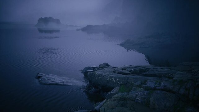 Dusk storm over rugged reef, brooding clouds, choppy surf, wet granite promontory, high contrast silhouettes, dramatic atmosphere for thriller or adventure