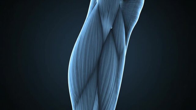 Detailed anatomical rendering of human leg muscles in a blue-toned scientific illustration on a dark background.
