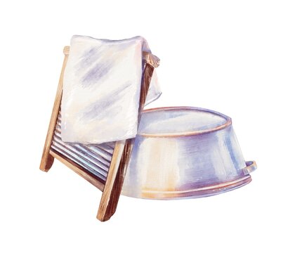 Wooden washboard with clean white laundry and galvanized wash tub Rustic laundry scene isolated on white background perfect for cottagecore spring cleaning watercolor illustration