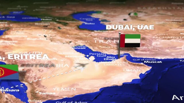 Flight From Asmara ERITREA to Dubai UAE with flag pins