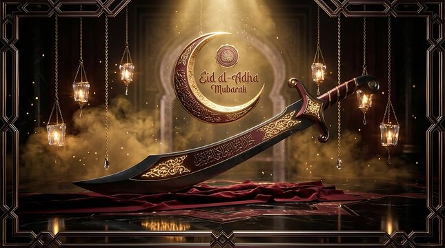 Islamic crescent sword with arabic calligraphy and lanterns background
