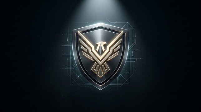 Majestic metallic eagle shield emblem, symbolizing strength, security, and advanced technology on a dark digital background