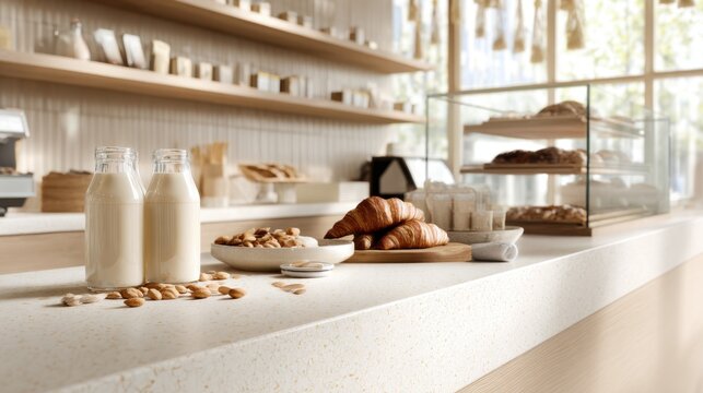 Almond milk bottles with croissants on cafe counter for bakery menu design and cafe promotional banner and advertising
