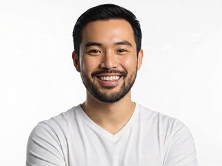 Fototapeta premium Young Asian Man Smiling Confidently in a White T-shirt against a Plain Background