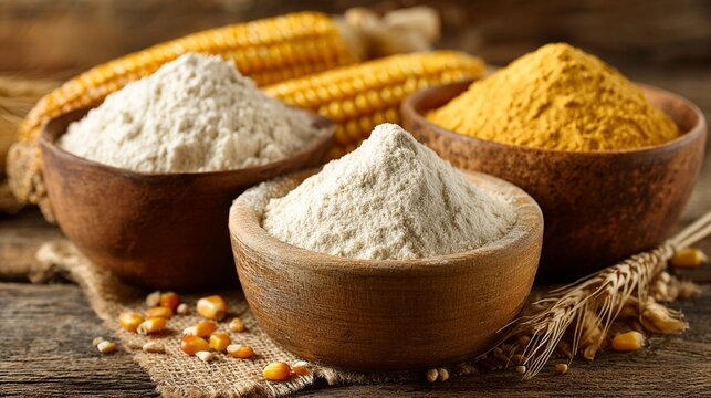Rustic wooden scene showcasing three wooden bowls filled with different flour types, corn kernels, and wheat stalks, highlighting natural baking ingredients