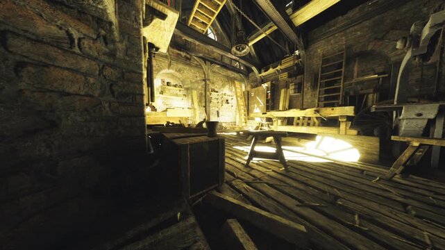 Loft carpentry studio bathed in gold, beams and skylights creating dramatic contrast, scattered tools and boxes, sense of skilled hands having paused mid