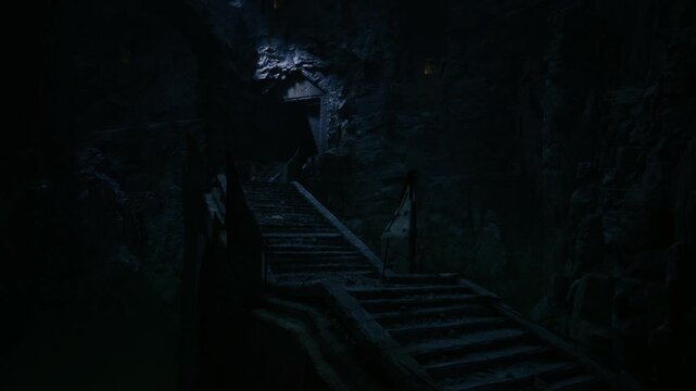 Derelict fortress stair climbing into shadow, weathered bannister and mossfilled joints under cold blue light evoke historian or urban explorer mapping