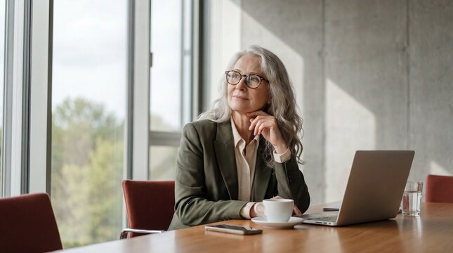 Thoughtful older adult woman with gray hair and glasses seated at conference table with laptop and coffee, looking out window in modern office with natural light