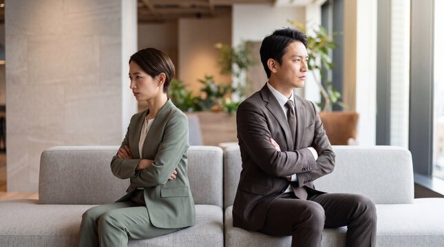 Tense business couple office disagreement between two colleagues sitting back to back on sofa with folded arms, modern workplace interior and natural window light conveying conflict and distance
