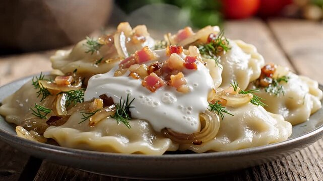 Delicious Pierogi Topped with Sour Cream and Bacon.