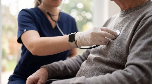 Nurse wearing gloves uses stethoscope to listen to older patient chest while providing compassionate care in bright clinical setting