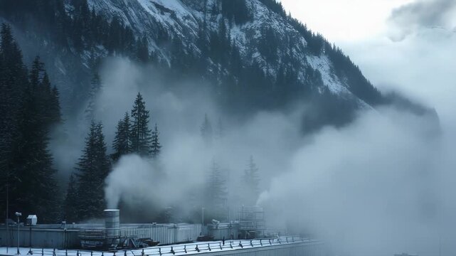 Industrial plant operating in a chilly mountain setting, with a coniferous forest and snowy peaks in the background, releasing plumes of a mix of steam and smoke into the misty air