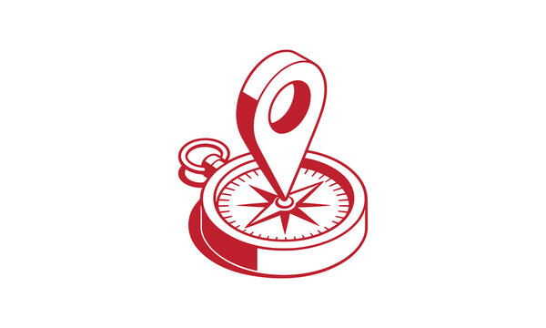 3D Isometric Red Line Art Compass with Location Pin Icon, Navigation and Direction Concept Vector Illustration