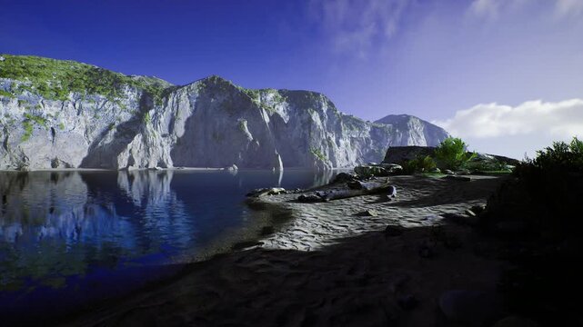Moody cliffs reflecting in still water, lone dinghy near rocky shoreline dramatic dusk palette creates introspective mood ideal for slow travel