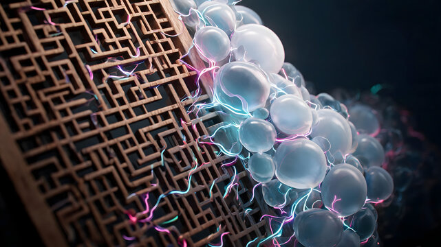 Abstract Digital Fusion of Wooden Lattice and Glowing Spheres