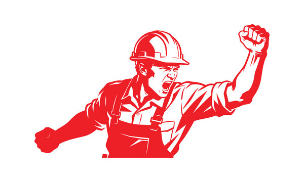 Angry worker or builder shouting with raised fist vector illustration, strike or labor protest concept