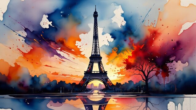 Artistic Watercolor Painting of Eiffel Tower at Sunset &mdash; Travel Concept