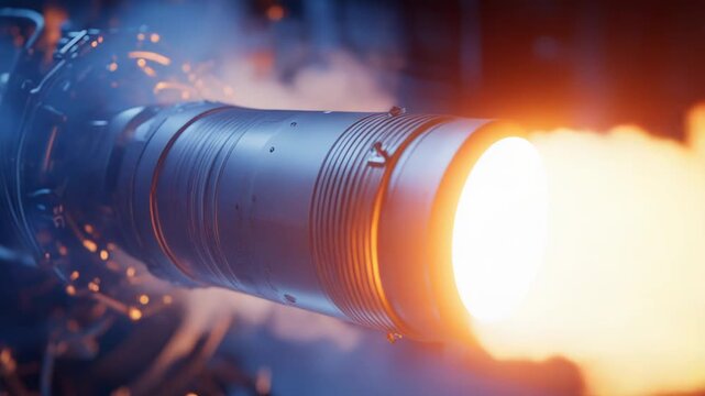 Rocket engine generating intense thrust and propulsion, releasing hot exhaust and smoke, symbolizing power, innovation, and technological advancement in space exploration