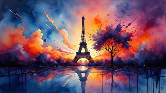 Artistic Watercolor Painting of Eiffel Tower at Sunset &mdash; Travel Concept
