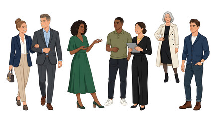 Obraz premium Diverse business people collection, professional men and women in smart casual attire, multiethnic corporate team characters on white background