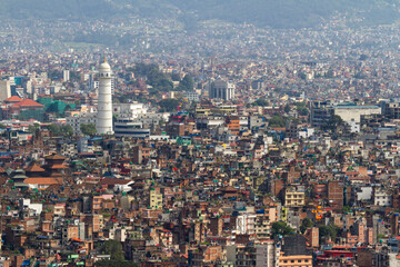 Obraz premium Kathmandu city view with lot of low rise buildings, from Swayambhunath stupa, Nepal.