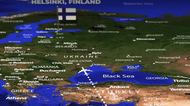Flight From Asmara ERITREA to Helsinki FINLAND with flag pins