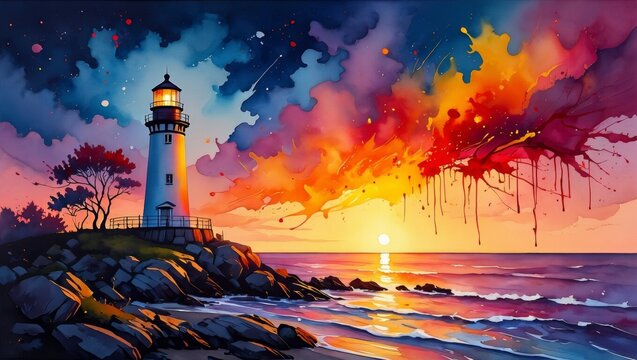 Colorful watercolor lighthouse on the rocky shore against a dramatic sunset sky