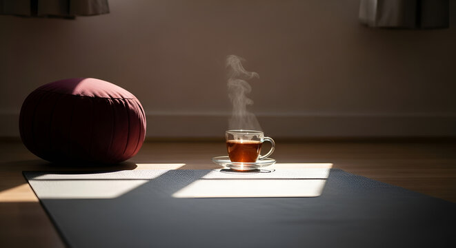 Yoga mat meditation cushion and steaming tea cup in a sunlit room for mindfulness and relaxation