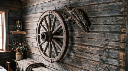 Obraz premium Rustic Wooden Wagon Wheel Decorating Interior Wall with Vintage Charm.