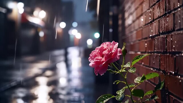 A lone pink rose blooms beside a rain-soaked brick wall in a moody city alley
